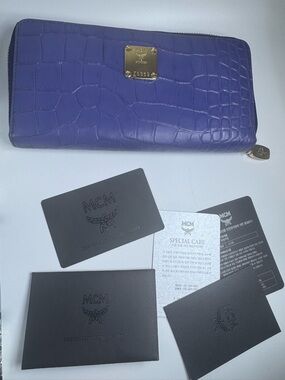 MCM Long Wallet Zip Blue Croc Leather Gold Hardware Continental Wallet Authentic